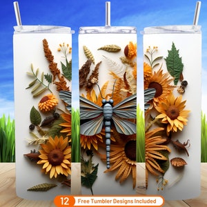 3D Tumbler Warp Dragonfly Floral 20 oz Skinny Tumbler Sublimation Design Digital Download PNG 3D Dragonflies Flowers Seamless Tumbler Wrap