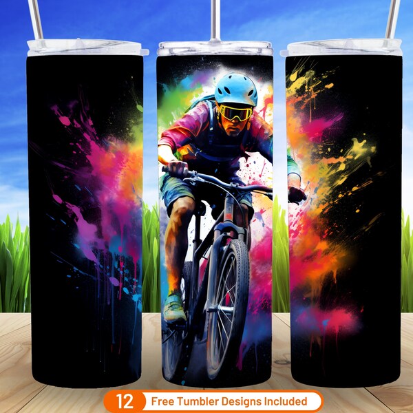 Alcohol Ink Cyclocross Skinny Tumbler Sublimation Design Digital Download PNG Cyclo-cross Bike Neon Rainbow Cyclocross Races  20oz Tumbler