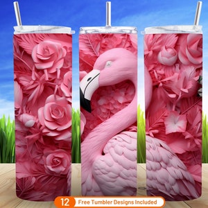 3D Pink Flamingo Flowers 20 oz Skinny Tumbler Sublimation Design Digital Download PNG 3D Pink Flamingo Flowers Tumbler Warp PNG