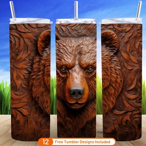 3D Rustic Tooled Leather Bear Warp Tumbler 3D Bear 20oz Skinny Tumbler Sublimation Design Digital Download PNG Seamless Rustic West Animals
