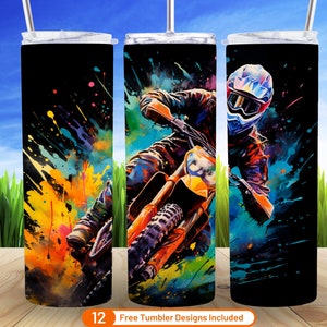 Alcohol Ink Freestyle Motocross 20 oz Skinny Tumbler Sublimation Design Digital Download PNG Motorcycle Racing Dirtbike Neon Rainbow Wrap