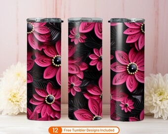 3D Embroidered Hot Pink and Black Flowers 3D Tumbler Wrap 20 oz Skinny Tumbler Sublimation Design Digital Download PNG