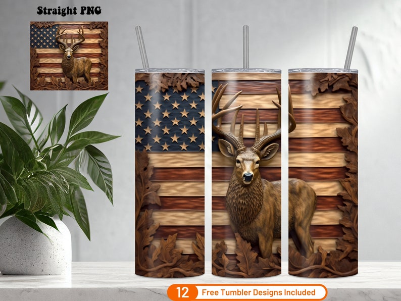 3D Tumbler Wrap 3D Deer American Flag 20 Oz Skinny Tumbler Sublimation ...