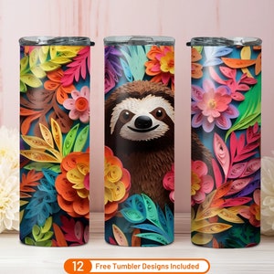 3D Floral Sloth 20 Oz Skinny Tumbler Sublimation Design Digital ...