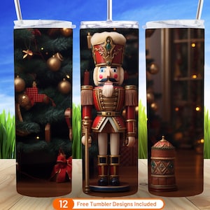 May include: Three Christmas-themed tumbler designs. The first design features a Christmas tree with ornaments and lights. The second design features a Nutcracker doll in a red and gold uniform. The third design features a Christmas-themed music box.