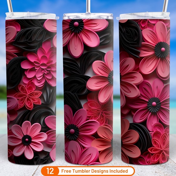 3D Quilled Hot Pink and Black Flowers 3D Tumbler Wrap 20 oz Skinny Tumbler Sublimation Design Digital Download PNG