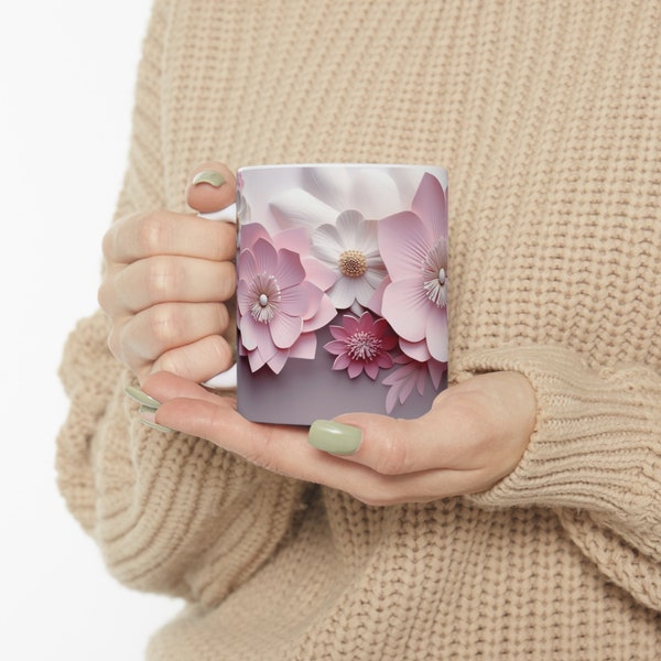 3D weiße rosa Blumen Tasse Sublimation Design digitaler Download PNG 3D weiß und rosa Blumen 11 oz und 15 oz Tassen Warp PNG