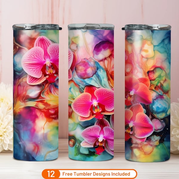 Alcohol Ink Orchid 20 oz Skinny Tumbler Sublimation Design Digital Download PNG Orchid Plant Neon Rainbow Colorful Floral Tumbler Warp Png