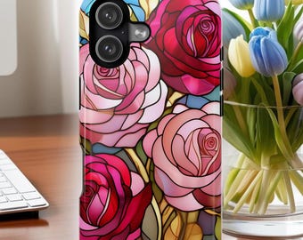 Stained Glass Effect Pink and Red Roses Magnetic Impact-Resistant iPhone Case