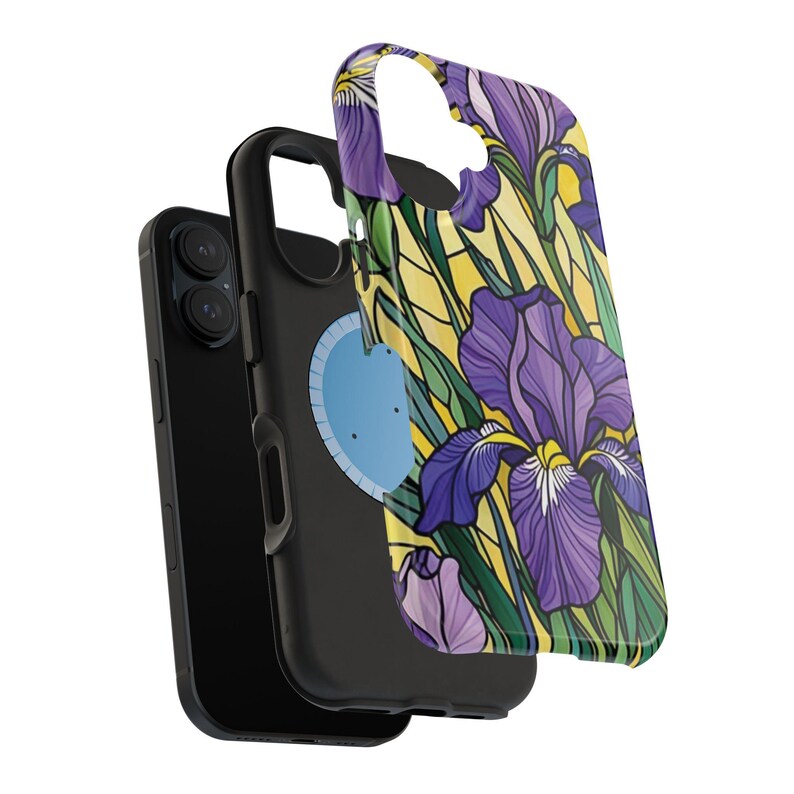 Funda magnética resistente a impactos para iPhone con efecto vidriera y lirios morados imagen 8