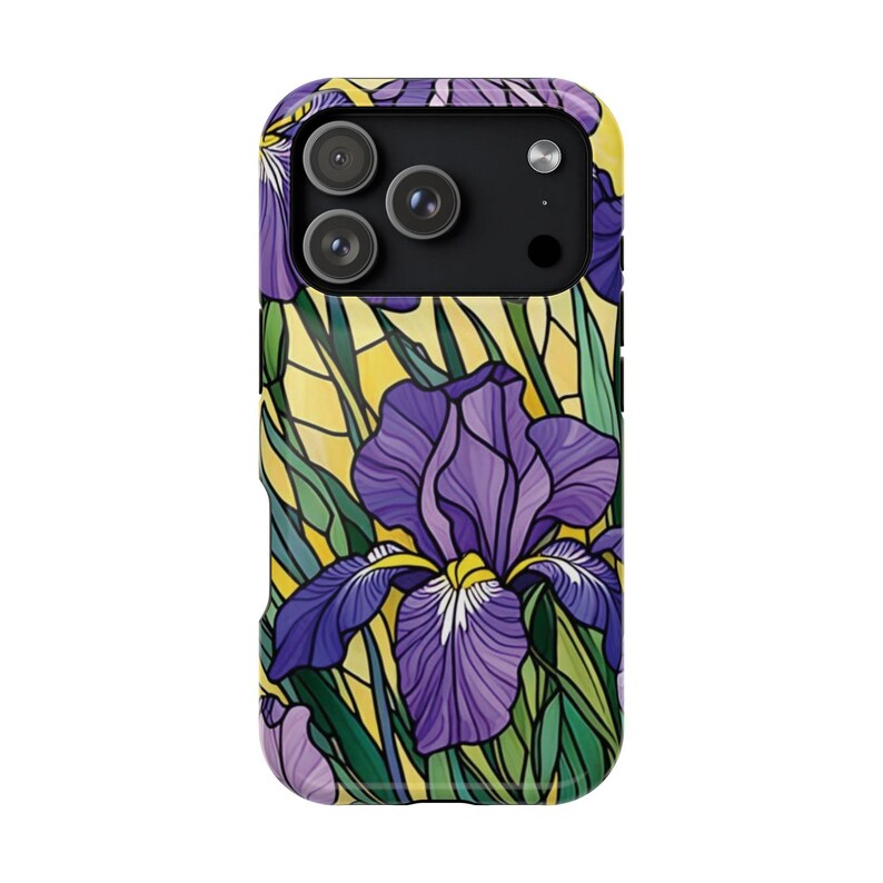 Funda magnética resistente a impactos para iPhone con efecto vidriera y lirios morados imagen 4