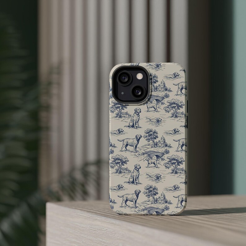 Funda magnética resistente a impactos para iPhone con diseño de Labrador Retriever en color azul Toile de Jouy imagen 19