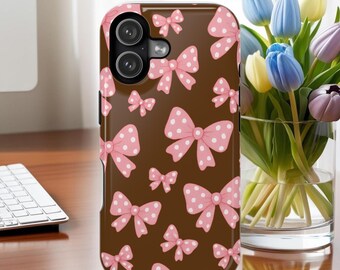 Pink Polka Dot Bows Magnetic Impact Resistant iPhone Case