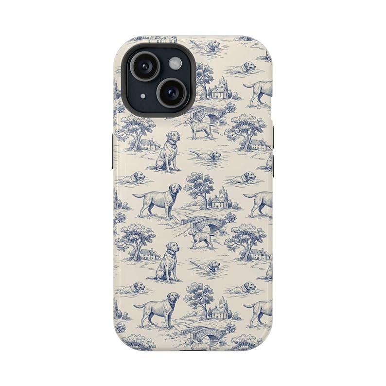 Funda magnética resistente a impactos para iPhone con diseño de Labrador Retriever en color azul Toile de Jouy imagen 17