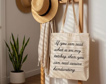 Teacher Cotton Canvas Tote Bag with Cursive Writing Design, 15 inches by 16 inches