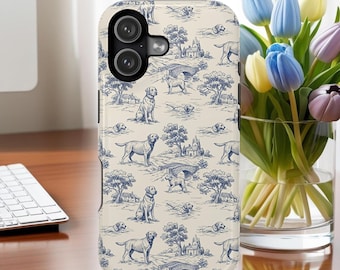 Blue Toile de Jouy Labrador Retriever Magnetic Impact Resistant iPhone Case