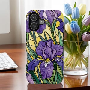 Stained Glass Effect Purple Irises Magnetic Impact Resistant iPhone Case