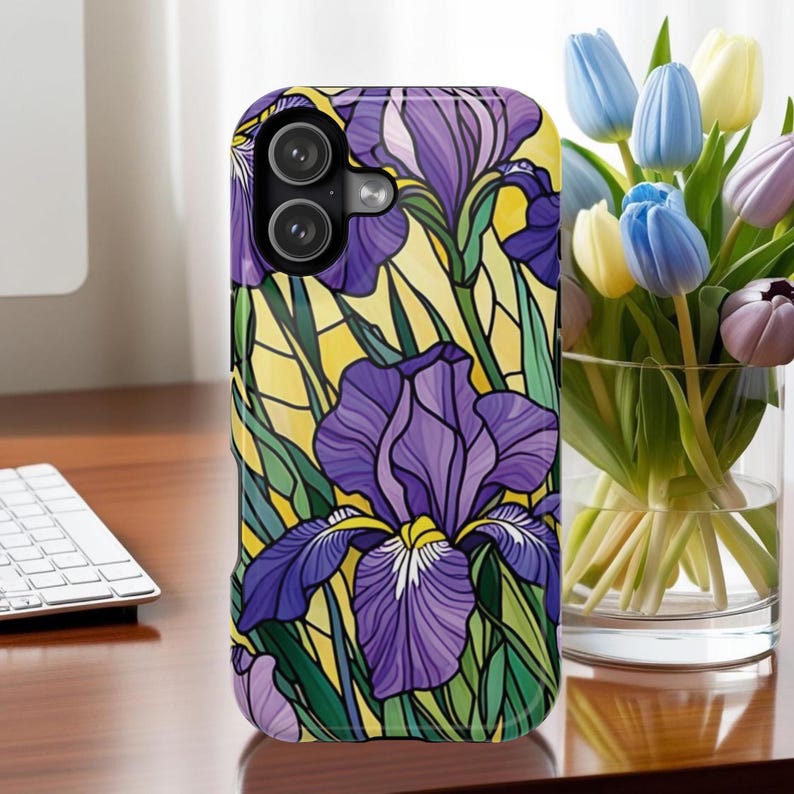 Funda magnética resistente a impactos para iPhone con efecto vidriera y lirios morados imagen 1