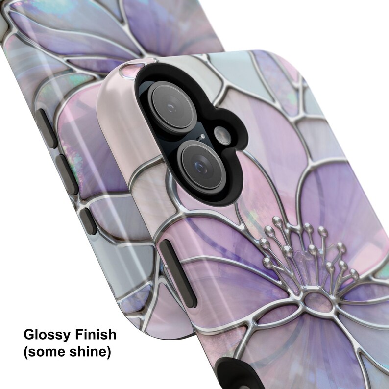 May include: Two phone cases with a floral design are shown. The cases have a glossy finish and a stained-glass effect in shades of purple, pink, and silver. The text "Glossy Finish (some shine)" is visible on the bottom left.