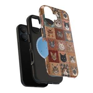 Funda magnética resistente a impactos para iPhone y Samsung S26 Series con diseño de patchwork sintético y estilo bohemio para amantes de los gatos. imagen 9