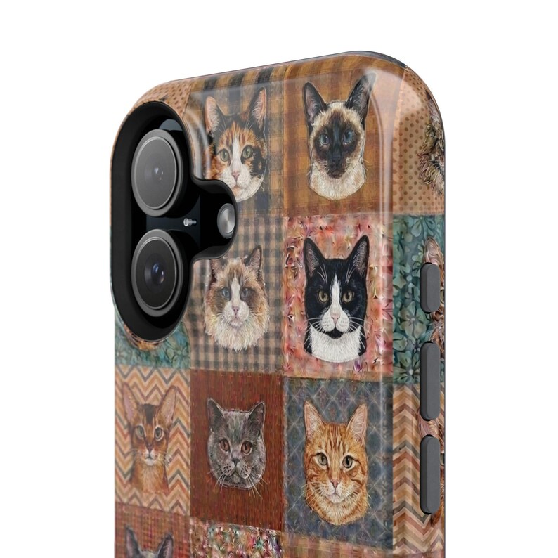 Funda magnética resistente a impactos para iPhone y Samsung S26 Series con diseño de patchwork sintético y estilo bohemio para amantes de los gatos. imagen 14