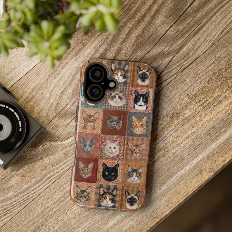 Funda magnética resistente a impactos para iPhone y Samsung S26 Series con diseño de patchwork sintético y estilo bohemio para amantes de los gatos. imagen 17