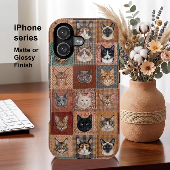 Boho Cat Lover Faux Patchwork Magnetic Impact-Resistant iPhone and Samsung S26 Series Case