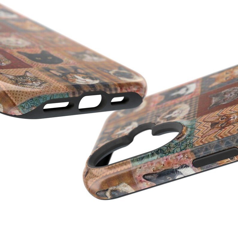 Funda magnética resistente a impactos para iPhone y Samsung S26 Series con diseño de patchwork sintético y estilo bohemio para amantes de los gatos. imagen 15
