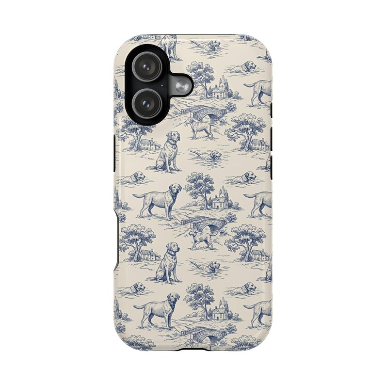 Funda magnética resistente a impactos para iPhone con diseño de Labrador Retriever en color azul Toile de Jouy imagen 2