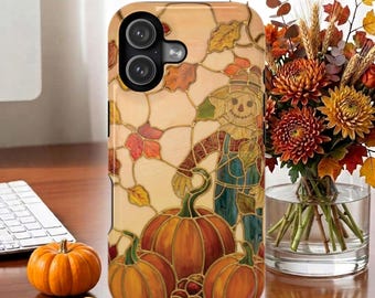 Stained Glass Effect Scarecrow and Pumpkins Magnetic Impact-Resistant iPhone and Samsung S26 Series Case, Gift for Her