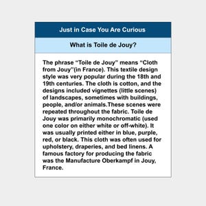 May include: A graphic with the title "Just in Case You Are Curious" and the question "What is Toile de Jouy?" The text explains the meaning of Toile de Jouy, its history, and its common uses in textiles.