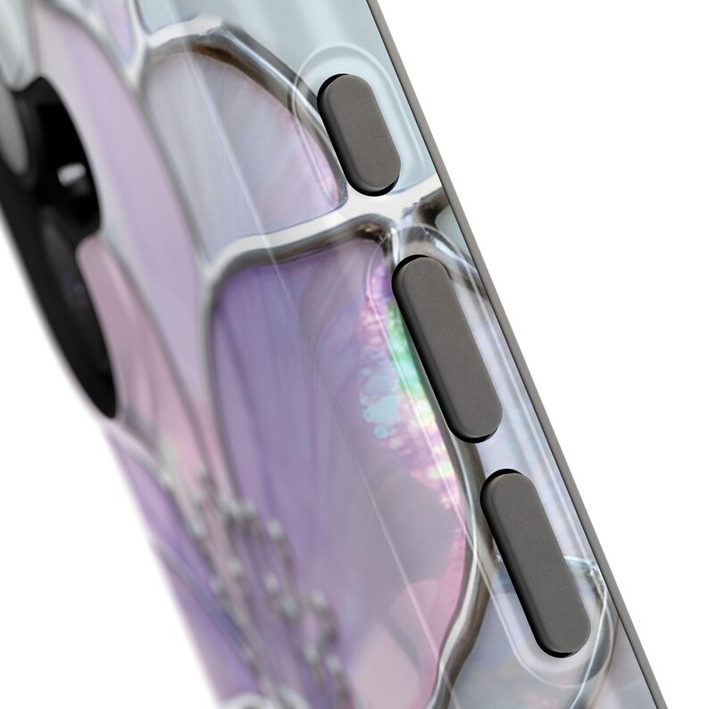 May include: A clear phone case with a pearlescent, iridescent design in shades of purple and silver. The case features a floral or abstract pattern and grey buttons on the side.