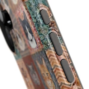 Funda magnética resistente a impactos para iPhone y Samsung S26 Series con diseño de patchwork sintético y estilo bohemio para amantes de los gatos. imagen 16