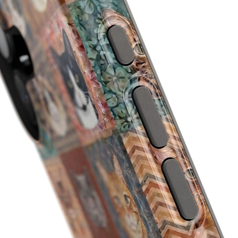 Funda magnética resistente a impactos para iPhone y Samsung S26 Series con diseño de patchwork sintético y estilo bohemio para amantes de los gatos. imagen 16