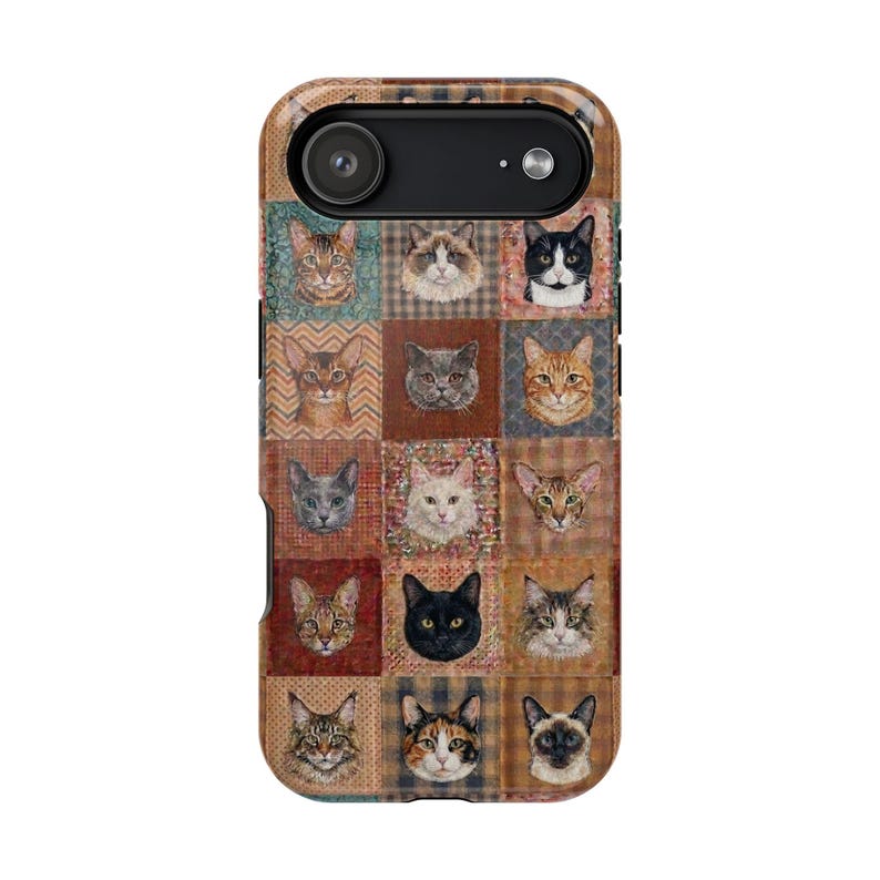 Funda magnética resistente a impactos para iPhone y Samsung S26 Series con diseño de patchwork sintético y estilo bohemio para amantes de los gatos. imagen 5
