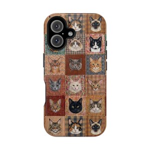 Funda magnética resistente a impactos para iPhone y Samsung S26 Series con diseño de patchwork sintético y estilo bohemio para amantes de los gatos. imagen 8