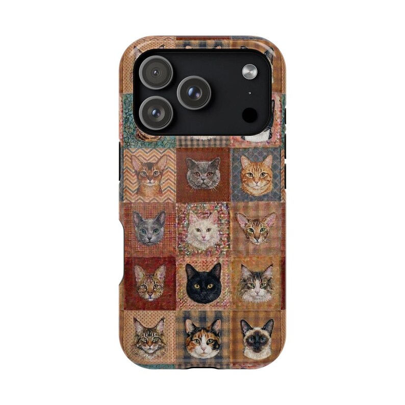 Funda magnética resistente a impactos para iPhone y Samsung S26 Series con diseño de patchwork sintético y estilo bohemio para amantes de los gatos. imagen 6