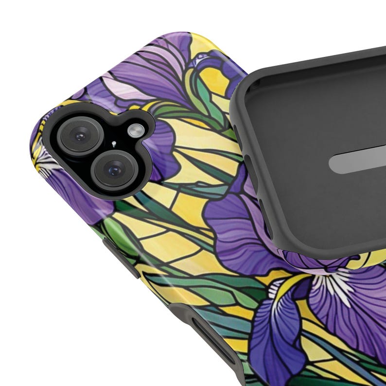 Funda magnética resistente a impactos para iPhone con efecto vidriera y lirios morados imagen 15