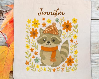 Personalized Raccoon and Fall Boho Wildflowers Cotton Canvas Tote Bag