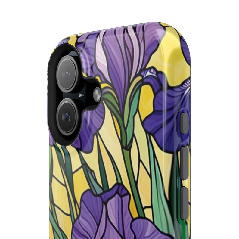 Funda magnética resistente a impactos para iPhone con efecto vidriera y lirios morados imagen 13