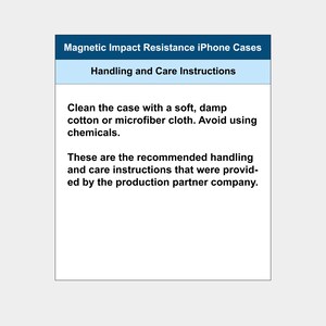 Puede incluir: Fondo blanco con un rect&aacute;ngulo azul y celeste que contiene texto. El texto dice "Magnetic Impact Resistance iPhone Cases" y "Handling and Care Instructions". Las instrucciones aconsejan limpiar la funda con un pa&ntilde;o suave y h&uacute;medo y evitar productos qu&iacute;micos.