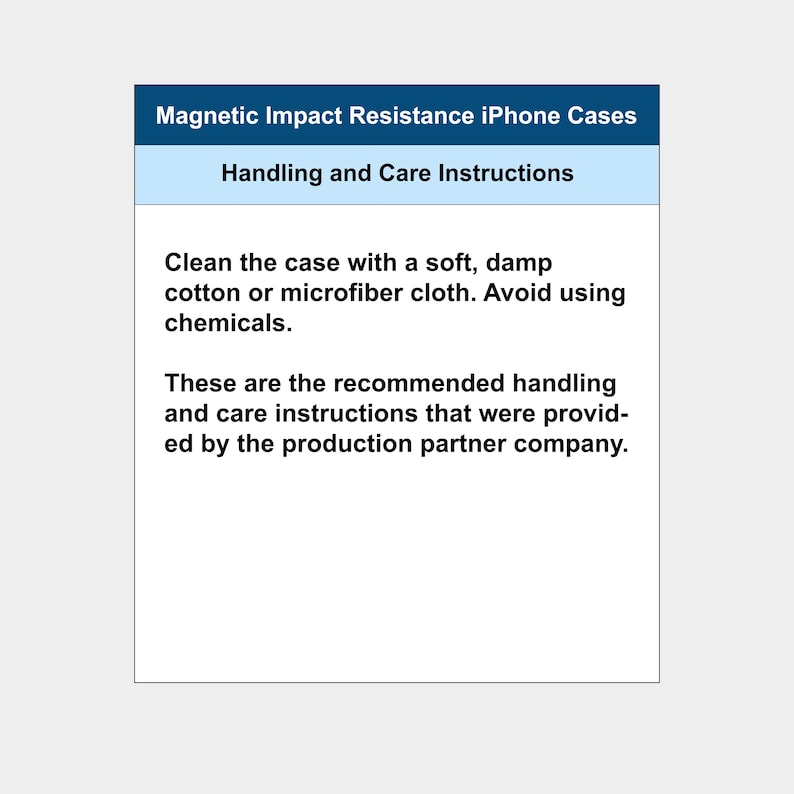 Puede incluir: Fondo blanco con un rect&aacute;ngulo azul y celeste que contiene texto. El texto dice "Magnetic Impact Resistance iPhone Cases" y "Handling and Care Instructions". Las instrucciones aconsejan limpiar la funda con un pa&ntilde;o suave y h&uacute;medo y evitar productos qu&iacute;micos.