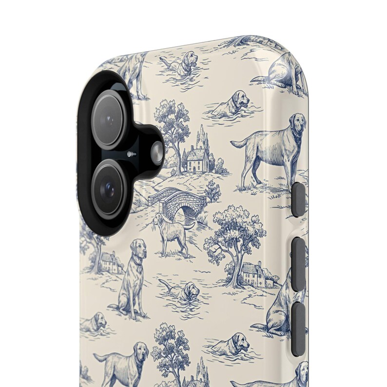 Funda magnética resistente a impactos para iPhone con diseño de Labrador Retriever en color azul Toile de Jouy imagen 12