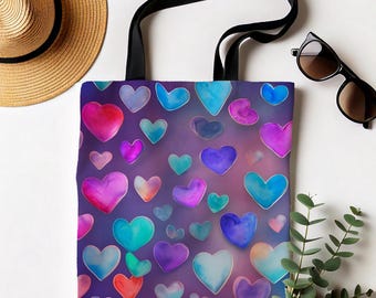 Multicolored Hearts Pattern Tote Bag: 3 sizes (13-inch, 16-inch, 18-inch)