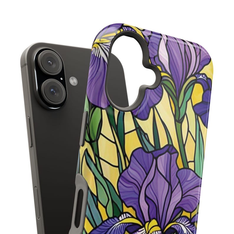 Funda magnética resistente a impactos para iPhone con efecto vidriera y lirios morados imagen 16
