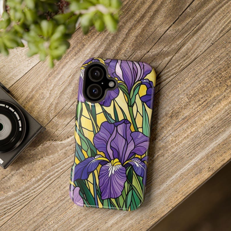 Funda magnética resistente a impactos para iPhone con efecto vidriera y lirios morados imagen 18