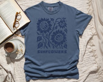 Comfort Colors Retro Linocut Effect Sunflower Cotton T-Shirt