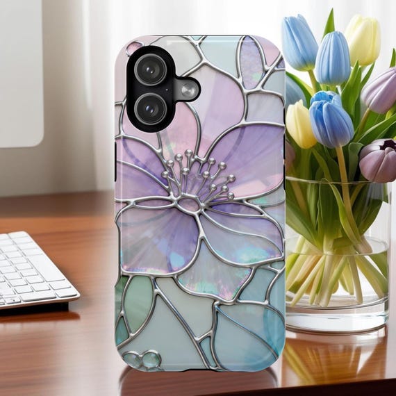 Stained Glass Look Lavender Floral Magnetic Impact Resistant iPhone Case