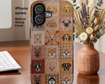 Funda magnética resistente a impactos para iPhone y Samsung S26 Series con diseño de patchwork falso estilo bohemio para amantes de los perros.