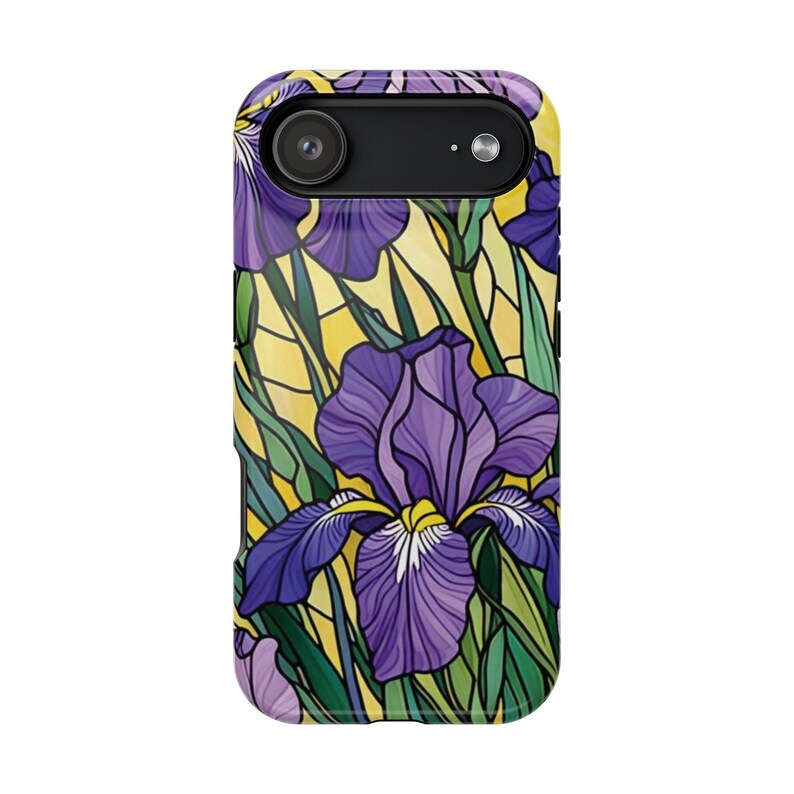 Funda magnética resistente a impactos para iPhone con efecto vidriera y lirios morados imagen 3